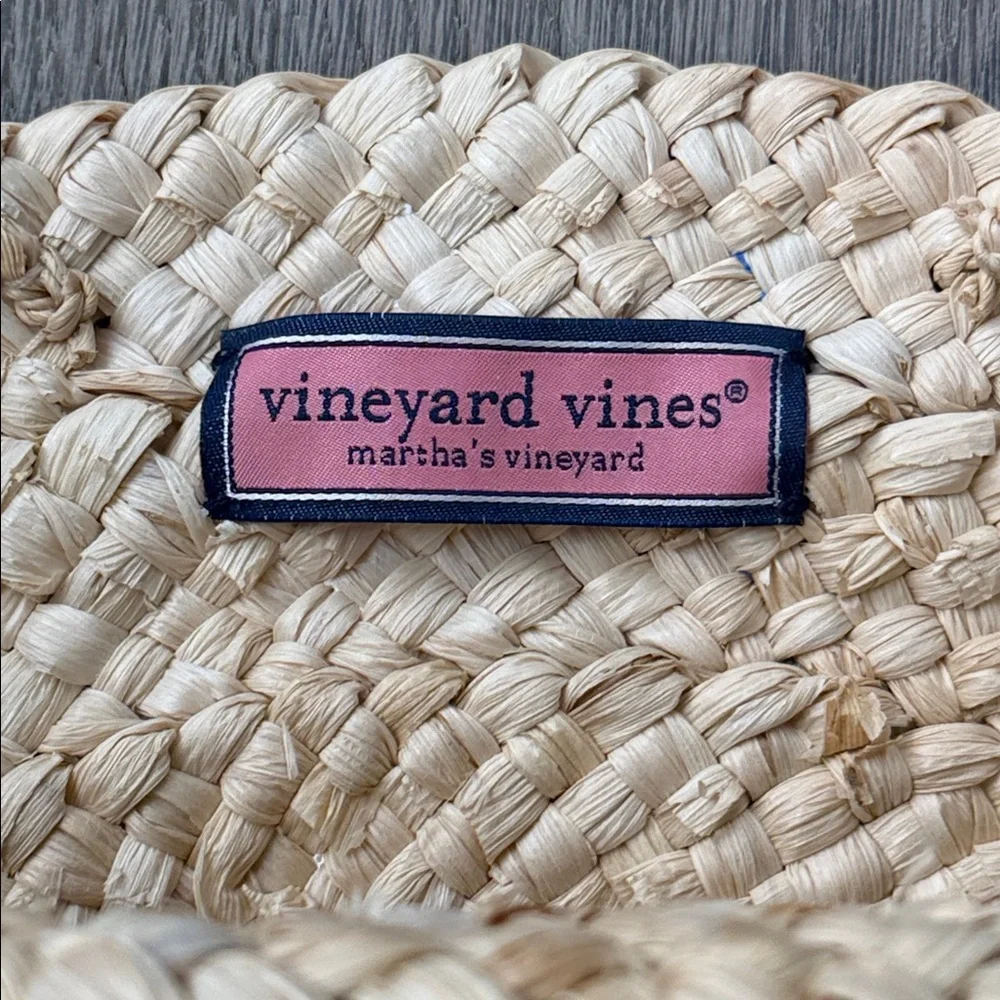 Vineyard Vines Woven Straw Round Tote Natural w/Deep Bay Sky Blue & White Stripe - Picture 6 of 8